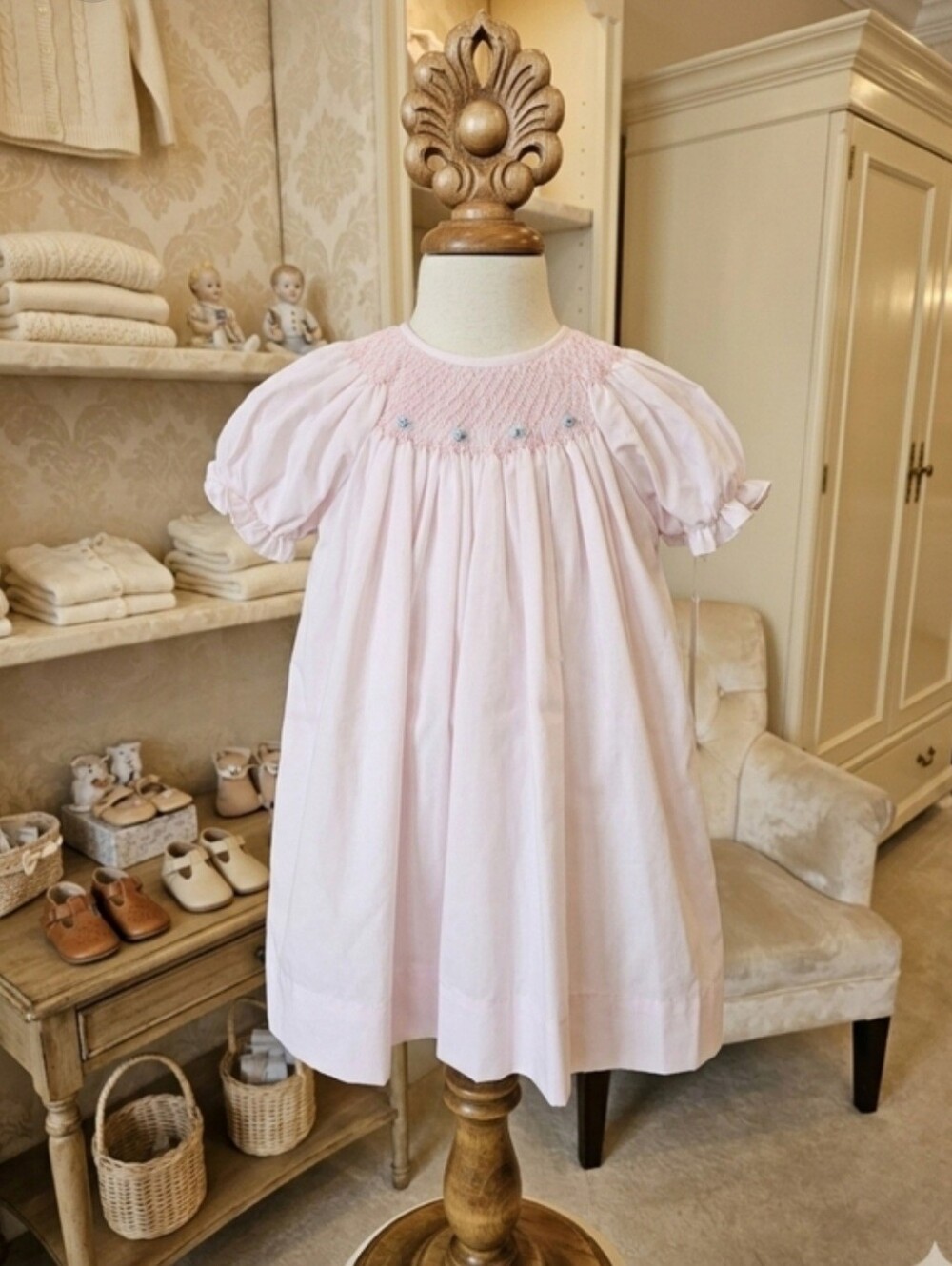 Petit Ami Pink Smocked Heirloom Day Gown + Bonnet Set